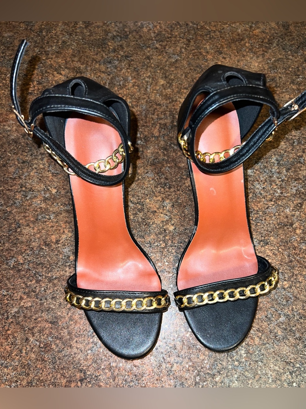 Black Ankle-Strap Sandals with Gold Chain Accent